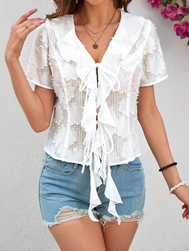 Camisa De Manga Corta Con Recortes Florales Para Mujer
