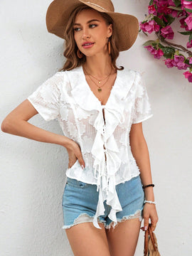 Camisa De Manga Corta Con Recortes Florales Para Mujer