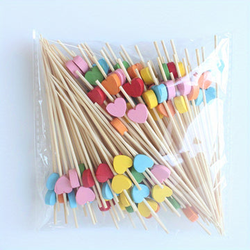 100pcs Palillos Artísticos de Bambú para Frutas, Decoraciones de Madera Desechables para Cócteles con Diseños de Amor y Flor de Ciruelo