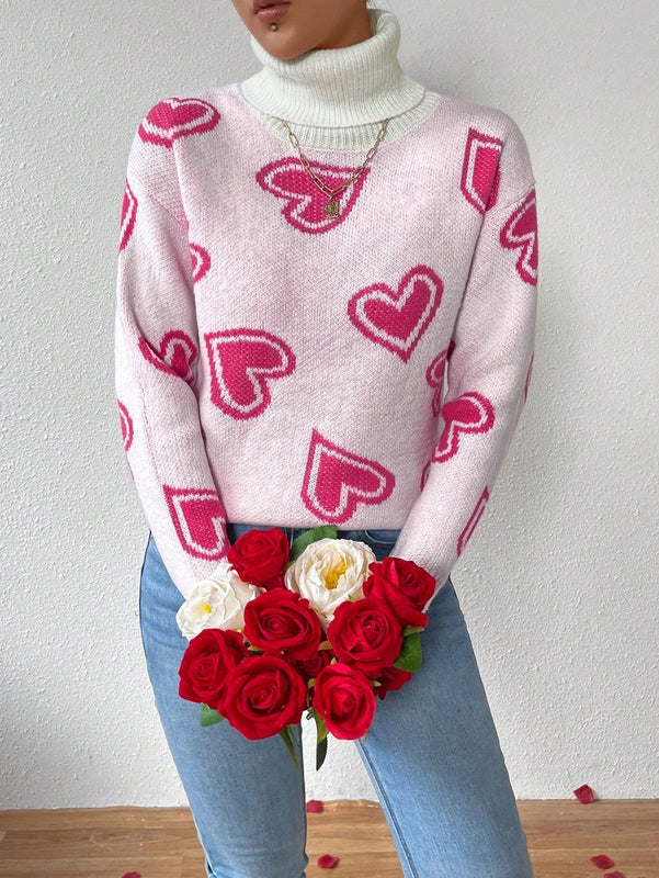 Essnce Jersey De Cuello Alto Para Mujer Con Patron De Corazon De Amor