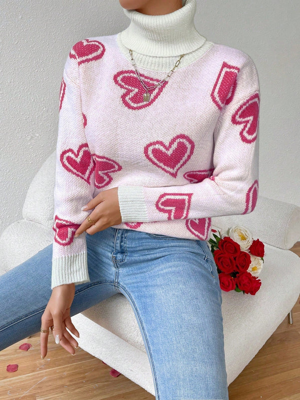 Essnce Jersey De Cuello Alto Para Mujer Con Patron De Corazon De Amor