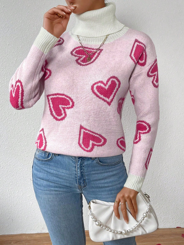 Essnce Jersey De Cuello Alto Para Mujer Con Patron De Corazon De Amor