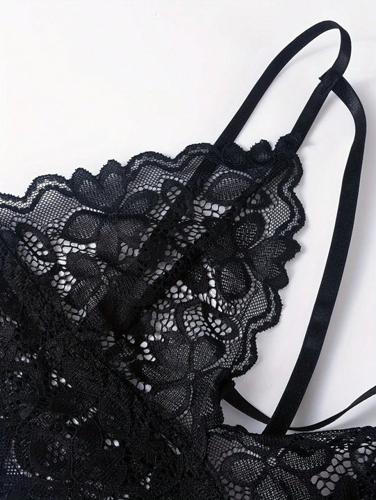 Conjunto De Lenceria Sexy De Encaje Floral Para Mujer Con Brasier Y Tangas