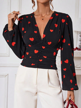 Prive Blusa Con Mangas Largas Estilo De Linterna Con Estampado De Corazones