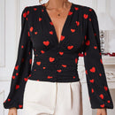 Prive Blusa Con Mangas Largas Estilo De Linterna Con Estampado De Corazones