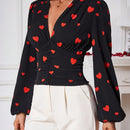 Prive Blusa Con Mangas Largas Estilo De Linterna Con Estampado De Corazones