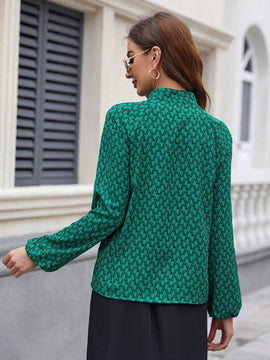 Clasi Blusa De Manga De Linterna Completa Impreso Con Cuello Alto Para Mujeres