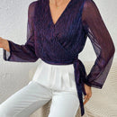 Frenchy Blusa De Malla Con Lentejuelas Para Mujer Con Envoltura Y Amarre En La Parte Delantera