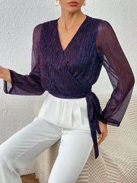 Frenchy Blusa De Malla Con Lentejuelas Para Mujer Con Envoltura Y Amarre En La Parte Delantera