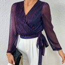 Frenchy Blusa De Malla Con Lentejuelas Para Mujer Con Envoltura Y Amarre En La Parte Delantera