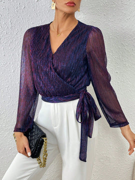 Frenchy Blusa De Malla Con Lentejuelas Para Mujer Con Envoltura Y Amarre En La Parte Delantera