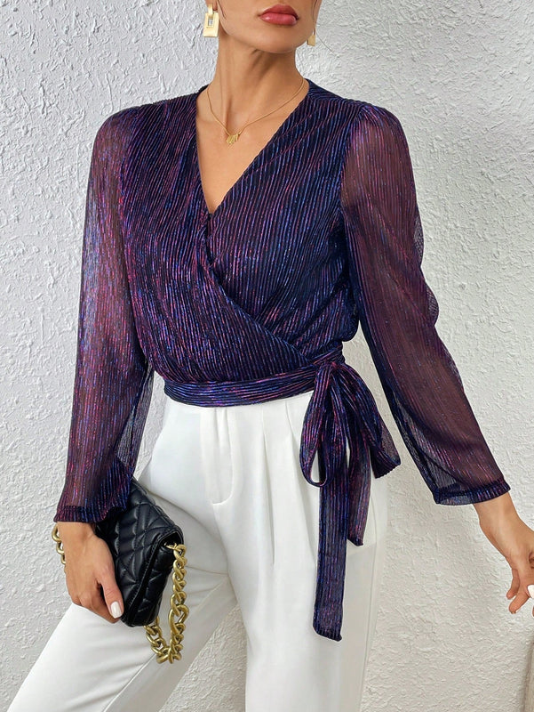 Frenchy Blusa De Malla Con Lentejuelas Para Mujer Con Envoltura Y Amarre En La Parte Delantera