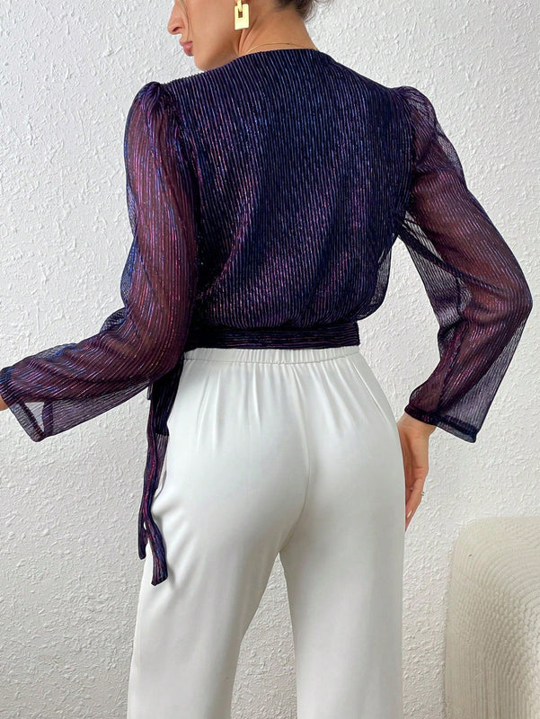 Frenchy Blusa De Malla Con Lentejuelas Para Mujer Con Envoltura Y Amarre En La Parte Delantera