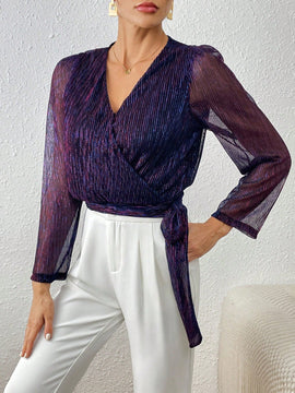 Frenchy Blusa De Malla Con Lentejuelas Para Mujer Con Envoltura Y Amarre En La Parte Delantera