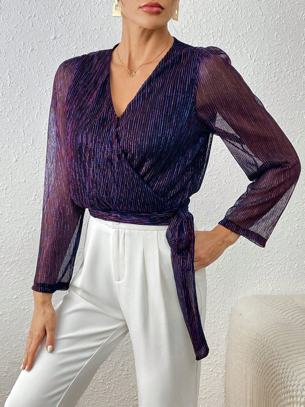 Frenchy Blusa De Malla Con Lentejuelas Para Mujer Con Envoltura Y Amarre En La Parte Delantera