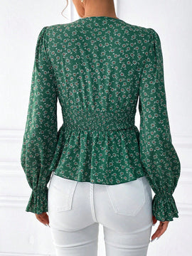 Frenchy Camisa Estampada De Margaritas Para Mujer Con Cintura Elastica, Dobladillo Con Volantes Y Diseno De San Valentin, Camisa De Verano