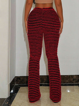 Pantalones De Punto Acampanados Peludos Con Rayas