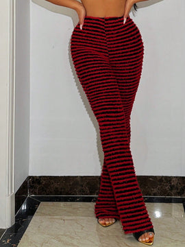 Pantalones De Punto Acampanados Peludos Con Rayas