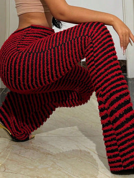 Pantalones De Punto Acampanados Peludos Con Rayas