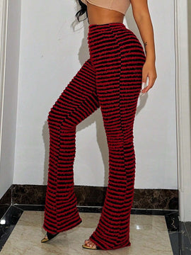 Pantalones De Punto Acampanados Peludos Con Rayas