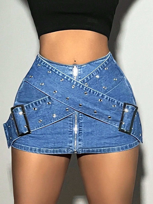 ICON Pantalones Cortos De Mezclilla De Mujer Con Ojales De Metal Y Cremallera