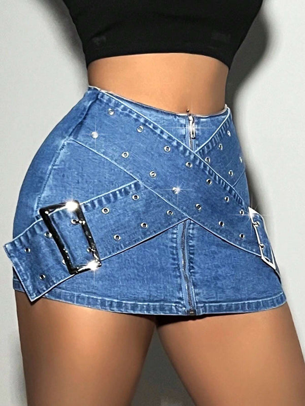 ICON Pantalones Cortos De Mezclilla De Mujer Con Ojales De Metal Y Cremallera