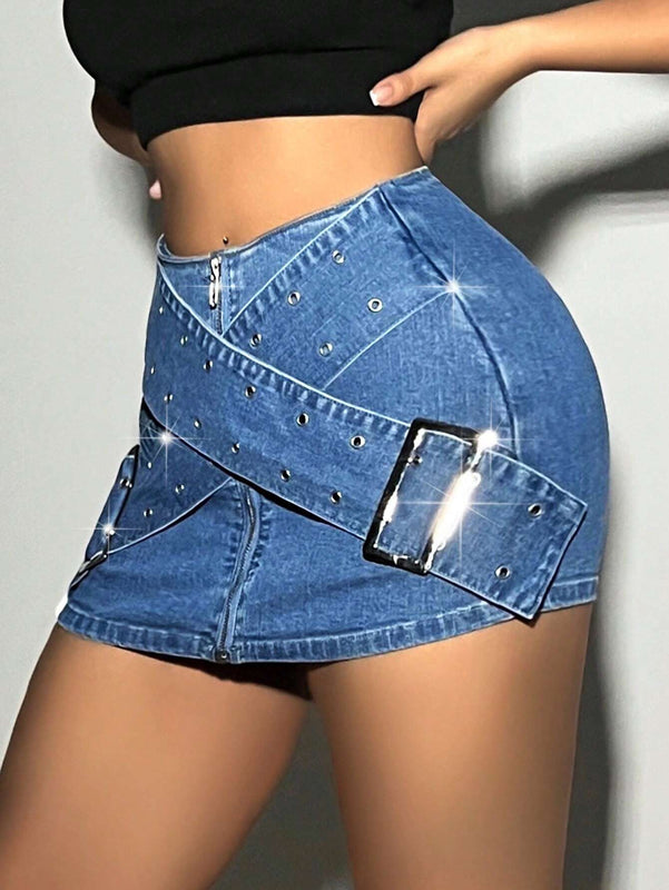 ICON Pantalones Cortos De Mezclilla De Mujer Con Ojales De Metal Y Cremallera
