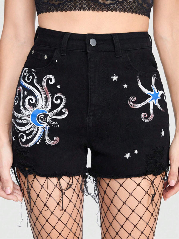 ROMWE Goth Pantalones Cortos De Mezclilla Para Mujer Con Dobladillo Deshilachado Y Estampado Abstracto
