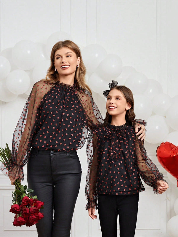 Clasi Camisa De Malla De Manga Larga Y Cuello Alto Con Estampado De Corazon Para Mujer, Talla L