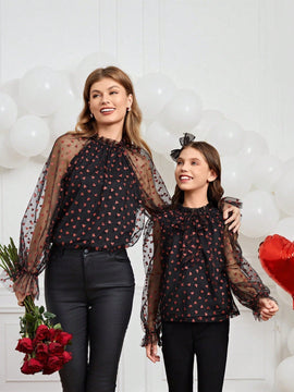 Clasi Camisa De Malla De Manga Larga Y Cuello Alto Con Estampado De Corazon Para Mujer, Talla L