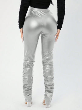 SXY Pantalones PU Plegados Elasticos