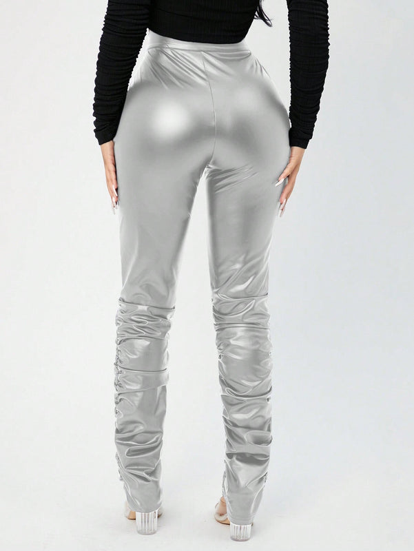 SXY Pantalones PU Plegados Elasticos