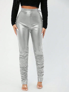 SXY Pantalones PU Plegados Elasticos