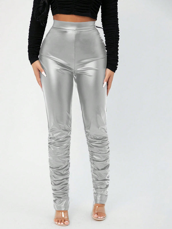 SXY Pantalones PU Plegados Elasticos