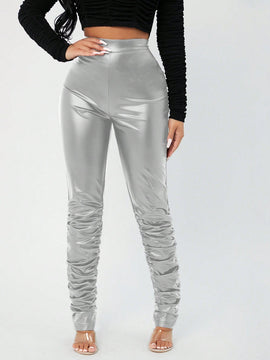 SXY Pantalones PU Plegados Elasticos