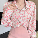 DAZY Camisa Corta Rosa Con Estampado Floral Para Mujer, Manga Larga Y Cuello Abatible