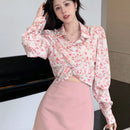 DAZY Camisa Corta Rosa Con Estampado Floral Para Mujer, Manga Larga Y Cuello Abatible