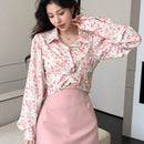 DAZY Camisa Corta Rosa Con Estampado Floral Para Mujer, Manga Larga Y Cuello Abatible