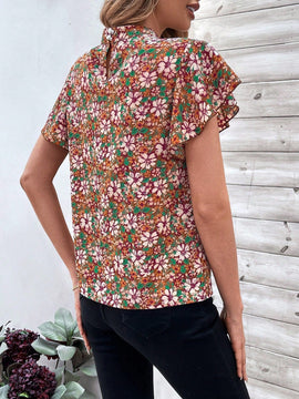 Clasi Blusa De Mujer De Cuello Alto Con Volantes Y Estampado Floral