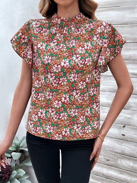 Clasi Blusa De Mujer De Cuello Alto Con Volantes Y Estampado Floral