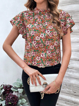 Clasi Blusa De Mujer De Cuello Alto Con Volantes Y Estampado Floral