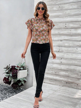 Clasi Blusa De Mujer De Cuello Alto Con Volantes Y Estampado Floral