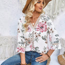 EMERY ROSE Camisa Blanca De Mujer Con Estampado Floral Para Verano, Mangas De Longitud Media, Y Parches De Encaje Con Estampado Floral