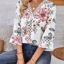 EMERY ROSE Camisa Blanca De Mujer Con Estampado Floral Para Verano, Mangas De Longitud Media, Y Parches De Encaje Con Estampado Floral