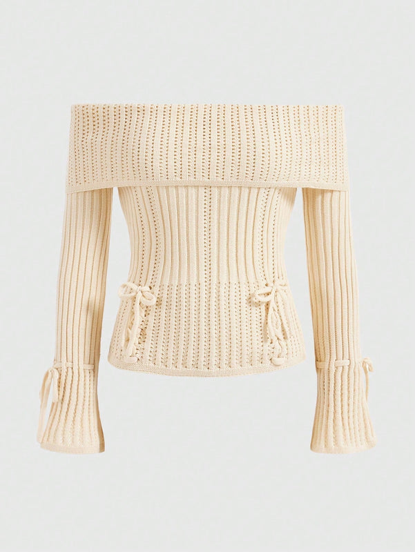 ROMWE Kawaii Sensual sueter crema-blanco de cuello alto con hombros descubiertos y ajustado al Body con cuello vuelto y lazo para mujer