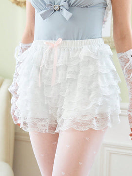 ROMWE Kawaii Dulces Pantalones De Seguridad De Encaje Con Lazo De Pastel Para Mujeres