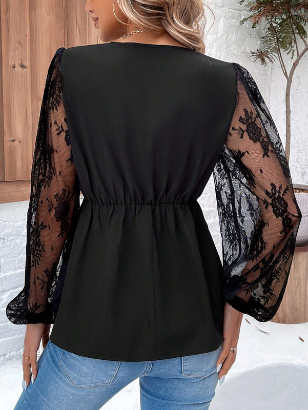LUNE Blusa Con Cuello En V, Detalles De Lentejuelas Giratorias Y Encaje En Mangas De Linterna