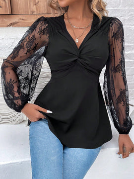 LUNE Blusa Con Cuello En V, Detalles De Lentejuelas Giratorias Y Encaje En Mangas De Linterna