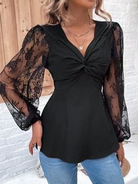 LUNE Blusa Con Cuello En V, Detalles De Lentejuelas Giratorias Y Encaje En Mangas De Linterna