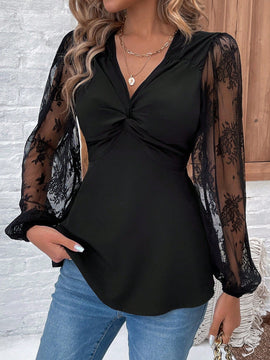 LUNE Blusa Con Cuello En V, Detalles De Lentejuelas Giratorias Y Encaje En Mangas De Linterna